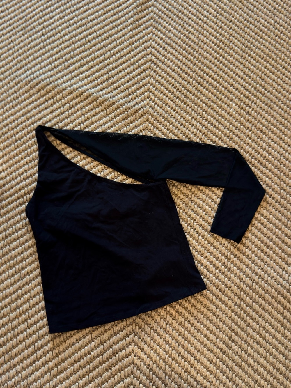Black One-Shoulder Top With Tulle Long-Sleeve